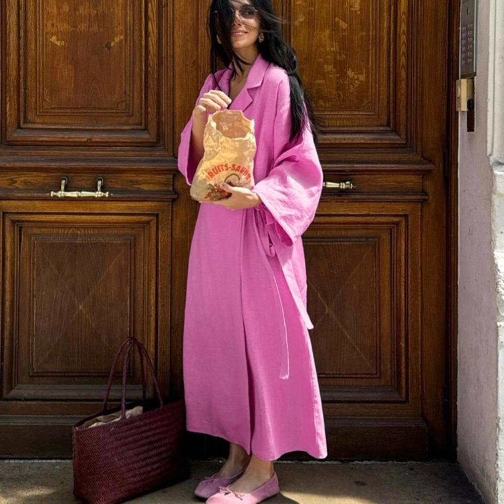 LYRIA Casual Loose Pink Cotton Dress Ladies Fashion Lapel Long Sleeve Ankle Length Dress Elegant Lace-Up Dresses For Women