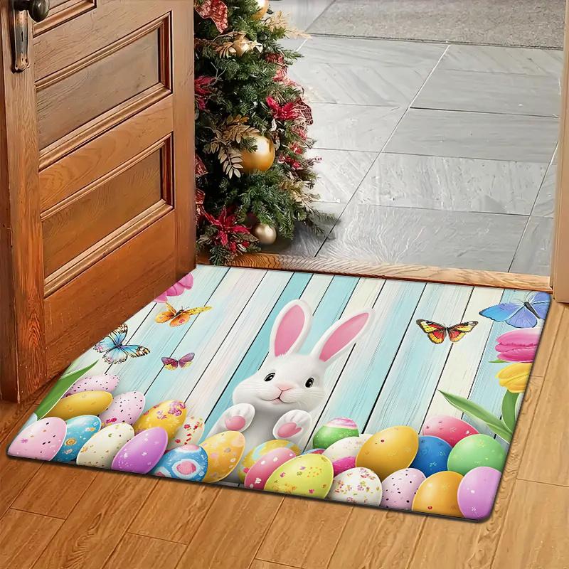 Easter Bunny and Egg Decorative Mat - 0.47inch Thick Flannel, Absorbent Non-Slip Floor Mat with Spring Butterfly Theme, Machine