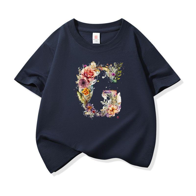 Kids Cotton T Shirt Floral Letter G Print Crew Neck Short Sleeve Tee Casual Boys Girls Summer Tops