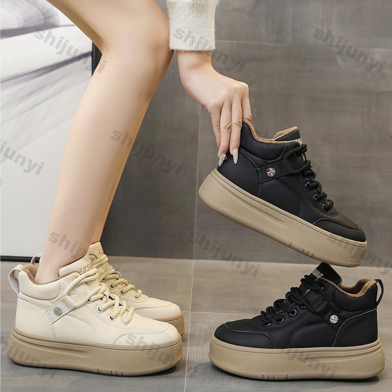 Fashion Women's High Top Vulcanized Shoes Autumn Winter Lace Up Soft Leather Plus Velvet Warm Cotton Shoes Thick Sole Leisure Sneakers