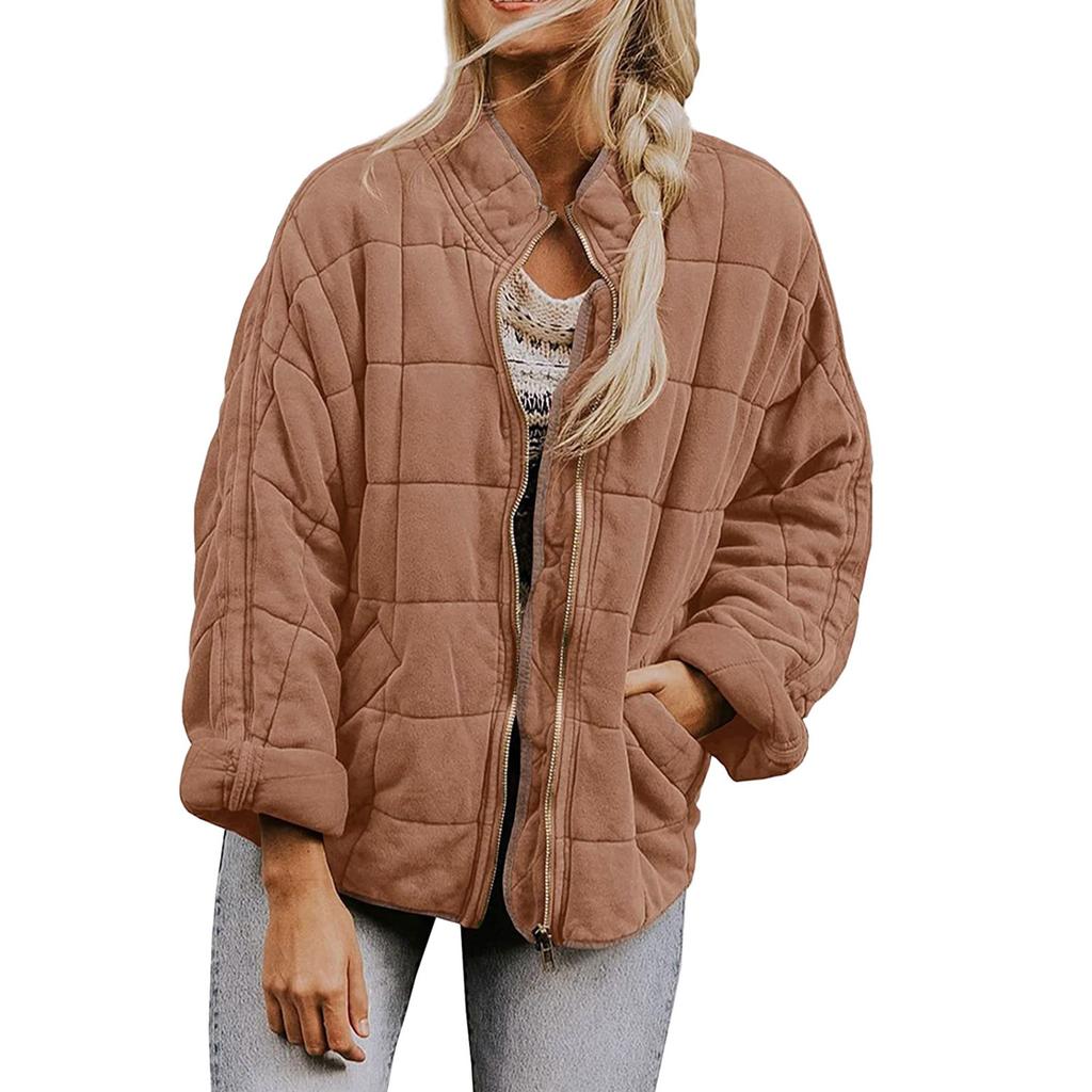 Women's Fashion Solid Color Stand Collar Cotton-Padded Jacket Loose Pocket Long Sleeve  Coat