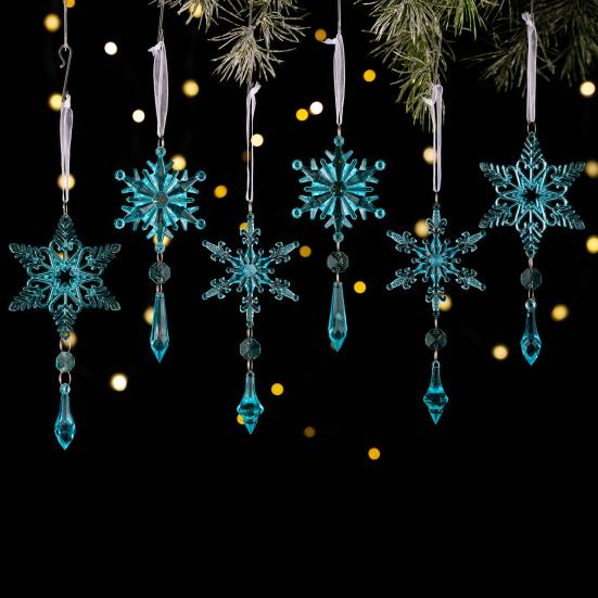 6 Pcs Acrylic Crystal Christmas Ornament Sparkling Clear Snowflake Hanging Ornaments with Drop Pendants for Xmas Tree Decoration