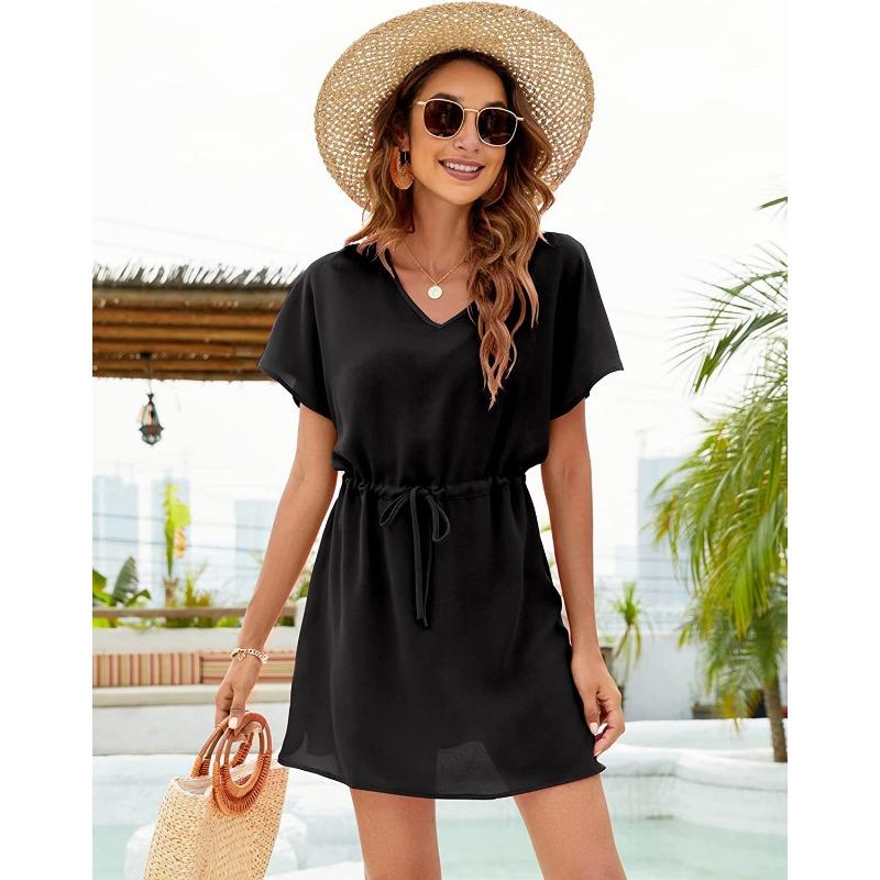 YYFS Женские модные летние весенние однотонные повседневные платья с v-образным вырезом и короткими рукавами и высокой талией