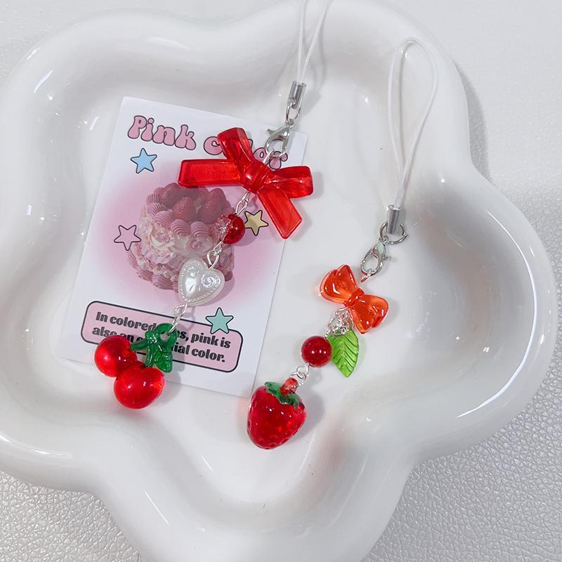 Милый красный вишневый клубничный бант для мобильного телефона ремешок с подвеской брелок для девушки женская сумка камера кулон милые украшения для мобильного телефона