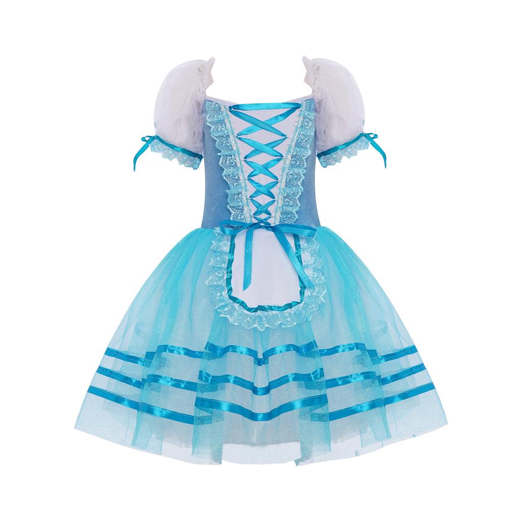 Girls Puff Sleeve Layered Tutu Dress Lace Trim Velvet Bodice Lace Up Back Ballet Costume