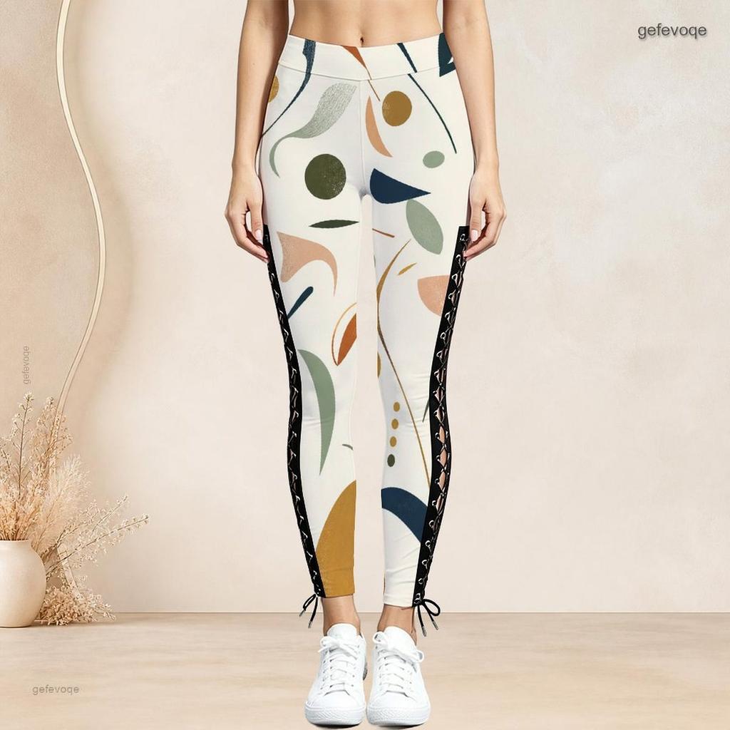 Women Plus Size High Waist Abstract Printed Side Eyelet Lace Up Full Length Leggings