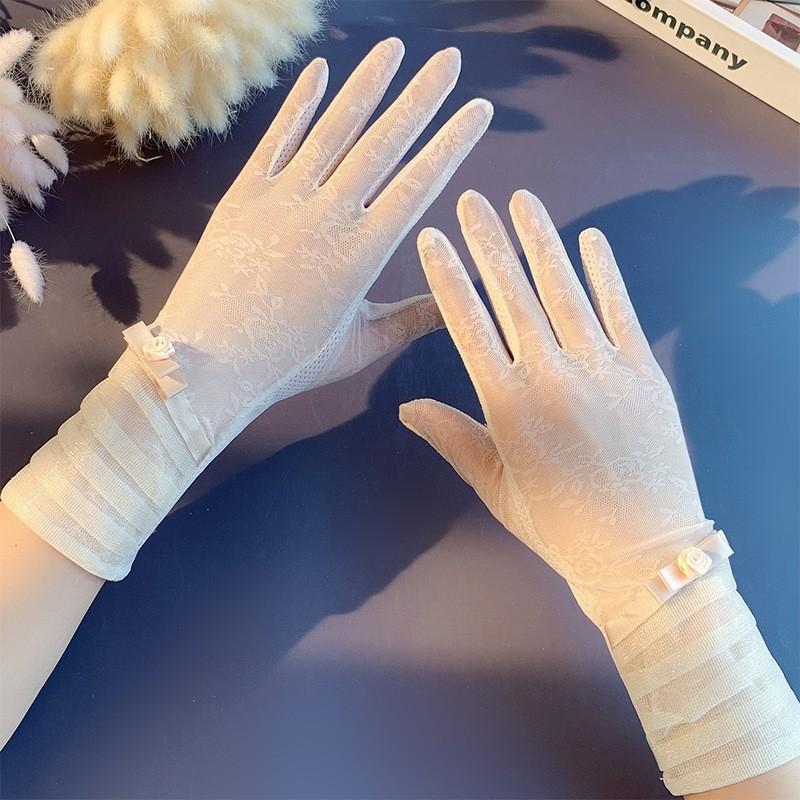 Солнцезащитные кружевные перчатки, весенние перчатки с бантом, перчатки для сенсорного экрана, женские дышащие уличные перчатки для вождения, летние перчатки для велоспорта