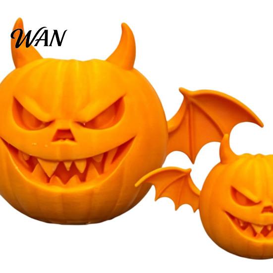 Spooky Pumpkin Statue 2Pcs 3D Printed Demon Figurine, Devil with Bat Carved Ornament Wings & Horns, Sculpture for Halloween Party Decoration Seasonal