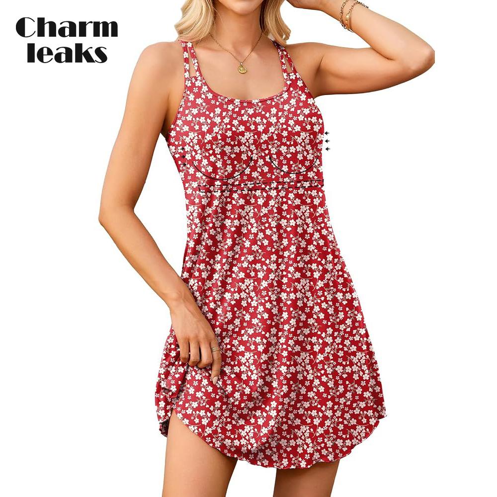 CHARMLEAKS Womens Summer Dresses with Built in Bra Double Spaghetti Strap Beach Dress Scoop Neck Sundresses with Pockets