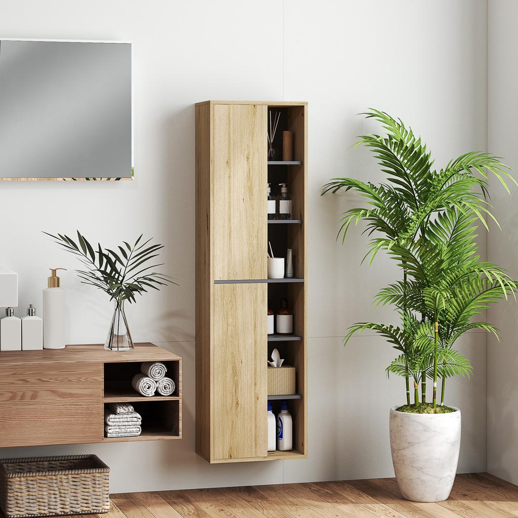 Wall Mounted Bathroom Column Cabinet With Open Compartments And 2 Doors 40x24x141.5 Cm Natural