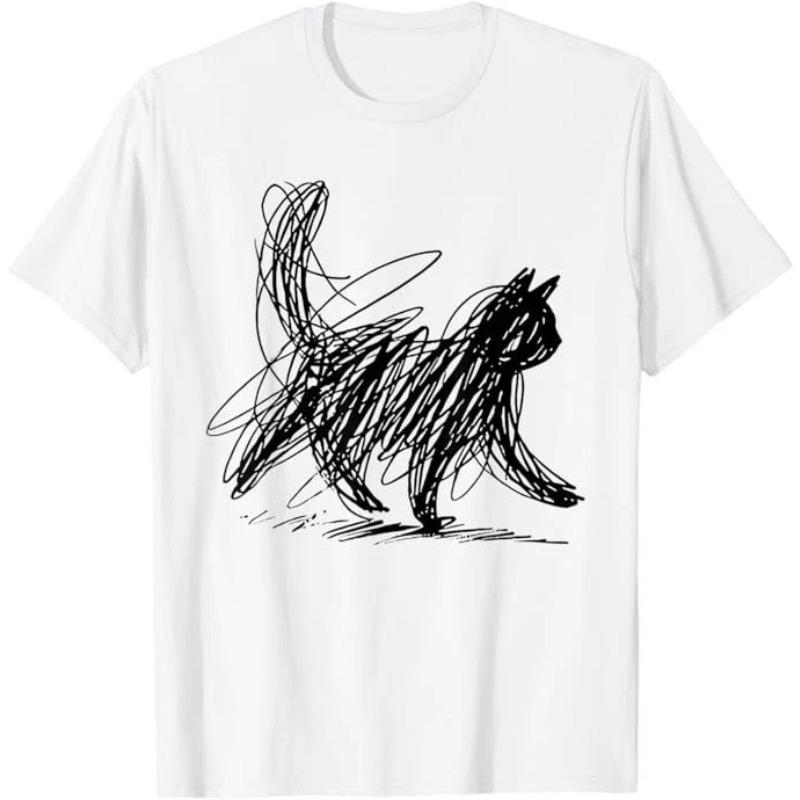 New 2026 Trendy Streetwear Minimalist Cat Art T Shirt Womens Unisex Cotton Tee Casual Summer Humor Short Sleeve Cats Lovers Gifts