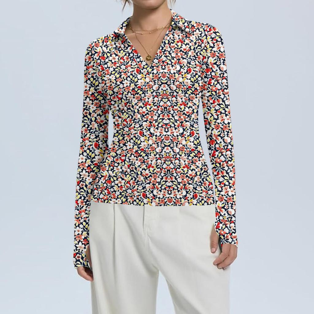 Женская Мода Повседневный Принт V-образный Вырез Длинный Рукав Застежка на Пуговицы Топ