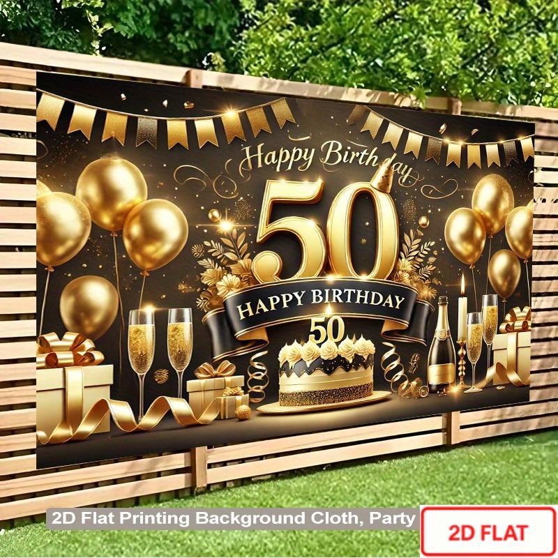 2D flat style, 1-piece elegant golden birthday background cloth, featuring a large number 50 and balloon pattern