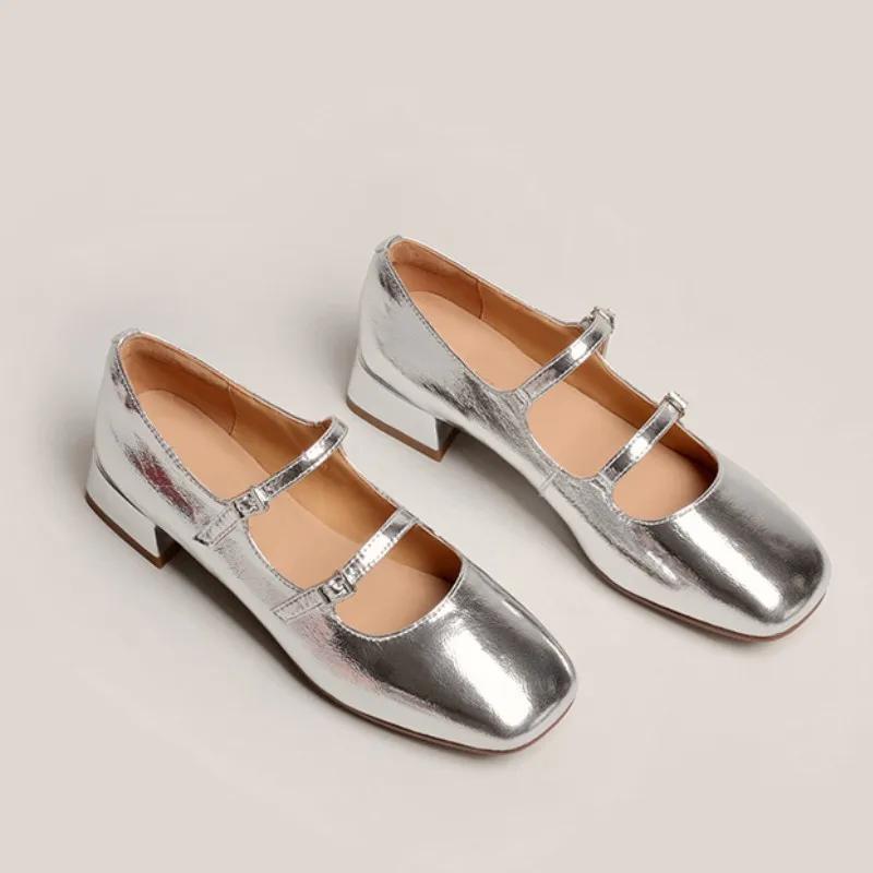 Maogu 2024 Весна Французский Ретро Туфли На Толстом Каблуке Модные Серебряные Туфли Мэри Джейн С Квадратным Носом Низкие Каблуки