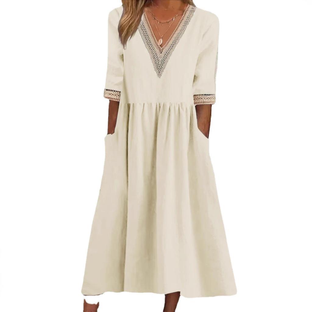 Women's Dress Large Size Loose Cotton Line Lace Collar Five-Sleeve Mid-length Dress