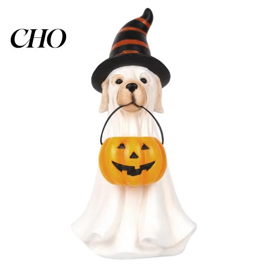Cute Ghost Puppy Ornaments Halloween Dog Figurine, Wizard Hat Pumpkin Resin Statue, Tabletop Decor Window for Entryway Bar Party, Lovely Holiday Gift