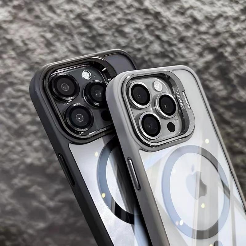 KEYSION Magnetic Transparent Phone Case for MagSafe for iPhone 15 16 Pro Max 16 Plus 16e Lens Protector Metal Stand Shockproof Cover