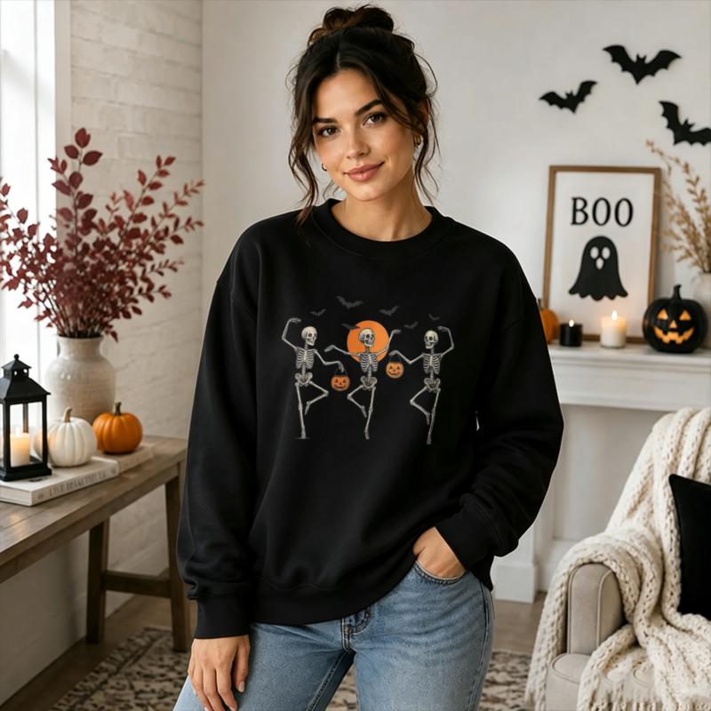 Halloween Sweatshirt Fall Long Sleeve Party Family Matching Dancing Skeletons Pumpkin Bats Orange Moon Spooky Autumn Crewneck