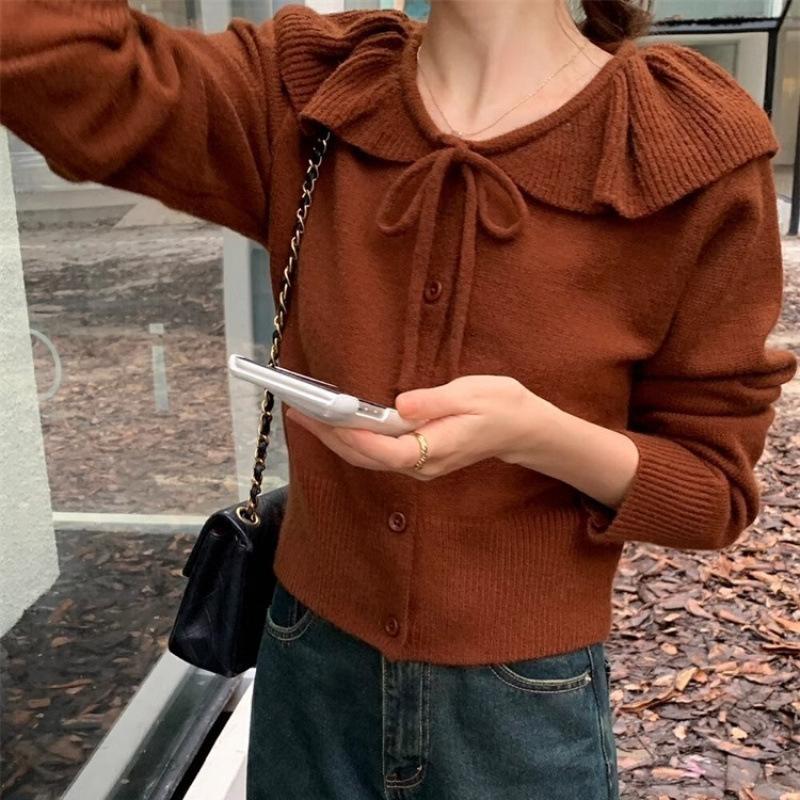 Женский осенне-зимний однотонный вязаный кардиган с завязкой на шее