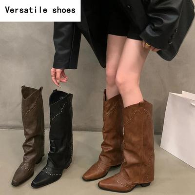 Осень-зима женские сапоги до колена в стиле ретро, рыцарские сапоги в стиле вестерн, остроносые туфли на квадратном каблуке для женщин