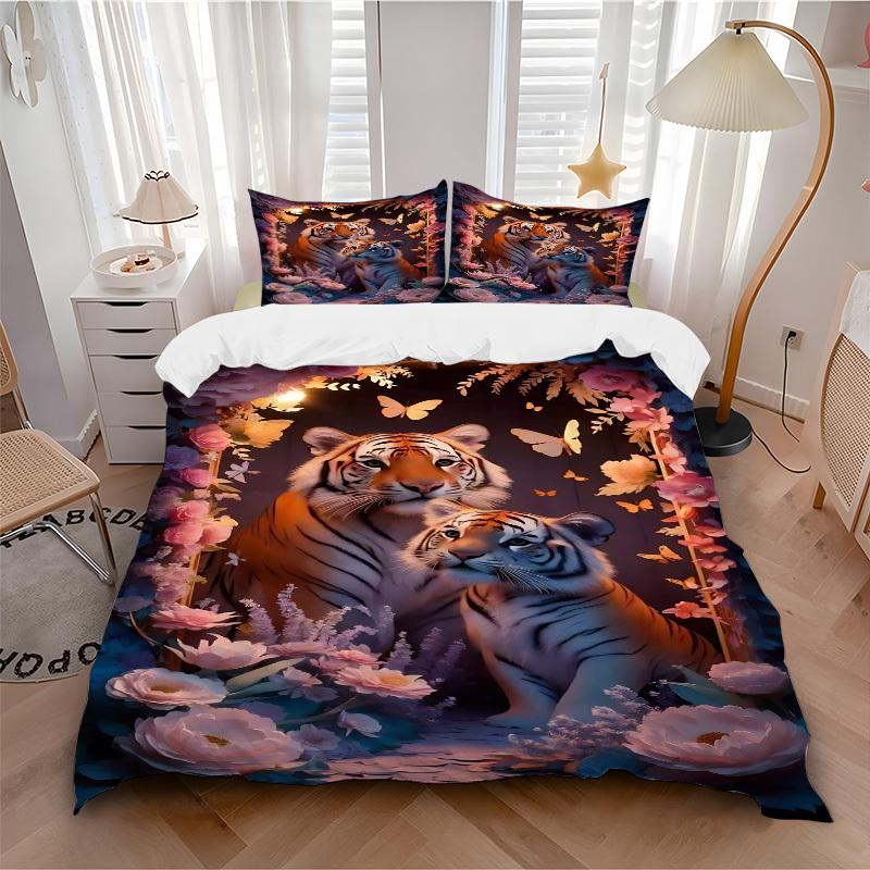 3pcs Tiger Family Duvet Cover Set - Includes 1 Duvet Cover and 2 Pillowcases, No Quilt Core, All-Season Home Decor yy251111044