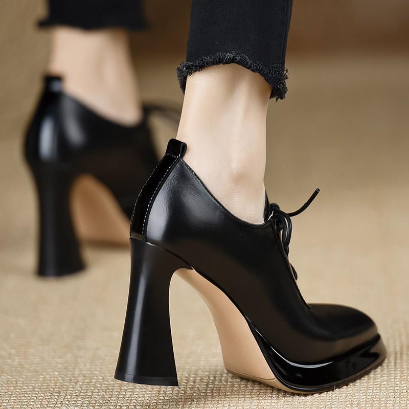 2025 новые цветные одинарные туфли женские осенне-зимние с острыми каблуками на толстом каблуке, трендовый дизайн, со шнуровкой, маленькие кожаные туфли для женщин