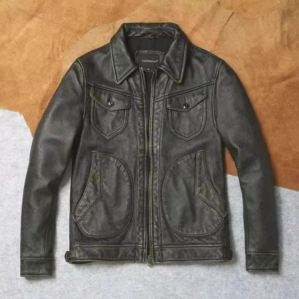 Китайский размер, винтажная оливково-зеленая натуральная воловья мужская кожаная куртка, осеннее пальто с отложным воротником из натуральной кожи