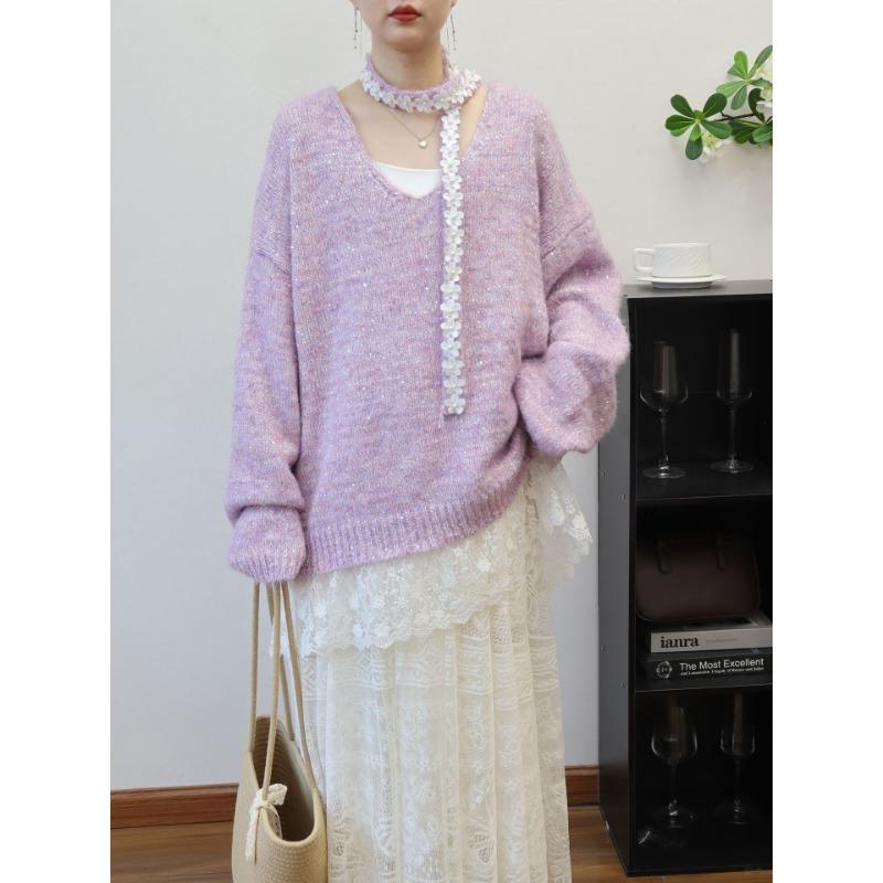 Autumn New Splicing Lace Sequins Design Sense Neck Sweater Pullover Loose Sweet Knitted Sweater Top Women