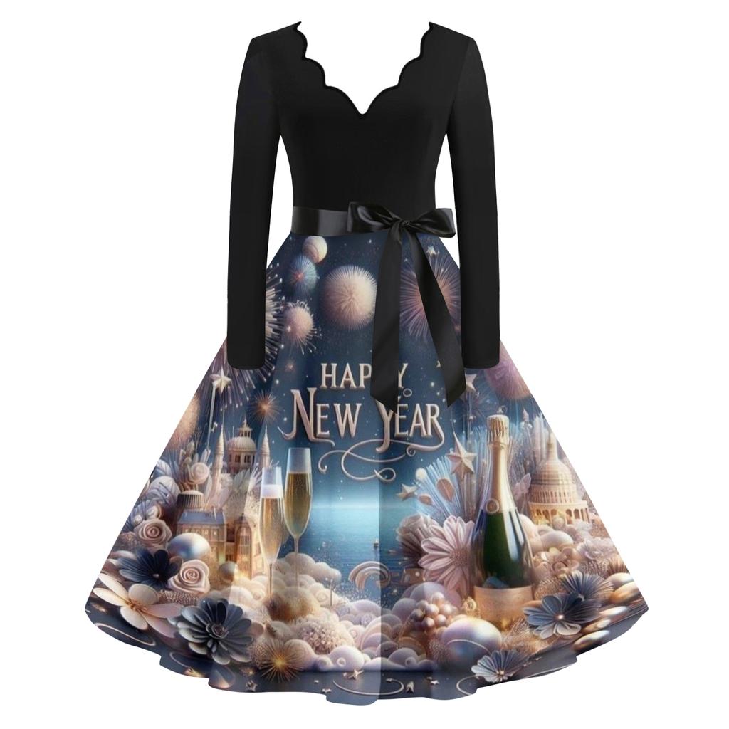 Женское повседневное модное платье винтажного стиля с V-образным вырезом и новогодним принтом
