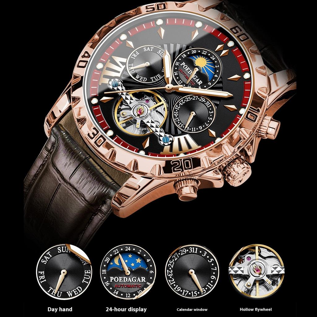 Famous Brand Luxury Tourbillon Mechanical Watch for Men Waterproof Luminous Date Week Leather Hollow Watches Men's