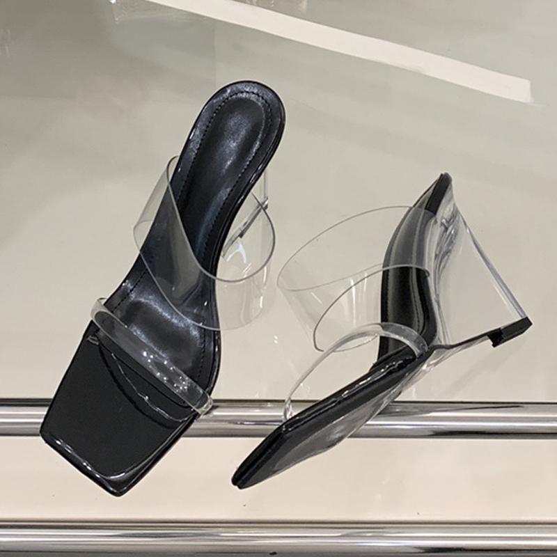 Fashion Liyke PVC Transparent Slippers For Women Summer Fashion Square Toe Clear Perspex Wedges Shoes High Heels Sandal Female Mules
