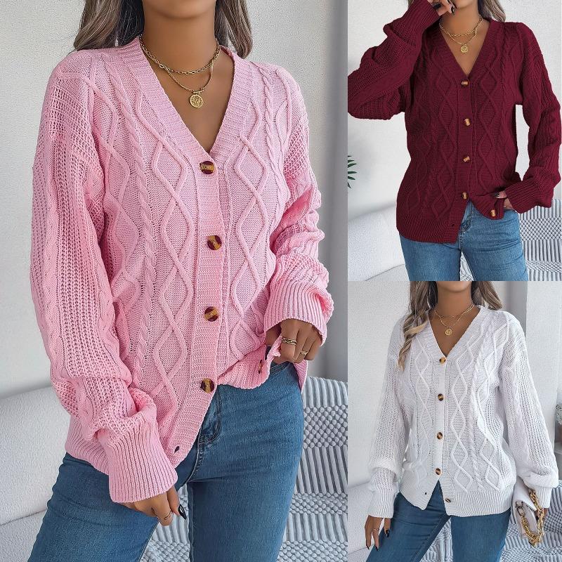 Autumn and Winter Casual V-neck Lantern Sleeve Cardigan Jacket Women Fashion Button Warm Knitted Cardigans Sweater Ladies Vintage Knitwear Coats 25137