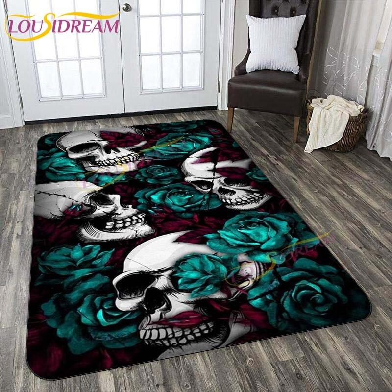 3D New Flaming Rose Floor Mat Area Rugs Rose and Skull Printed Rug and Carpets for Bedroom Home Living Room Valentine's Day Gift