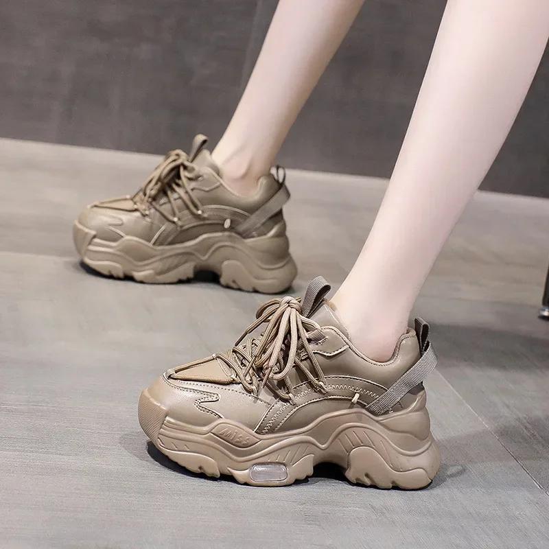Fashion Chunky Women's Sneakers Internal Increase Leather Casual White Ladies Shoes Trainer Platform Sneaker Womens Zapatillas Mujer2024