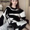 Loose Black Goth Mohair Sweater Pullover Black and White Color Contrast Knitted Top Women's Round Neck Long Sleeved Jumper Spring Autumn