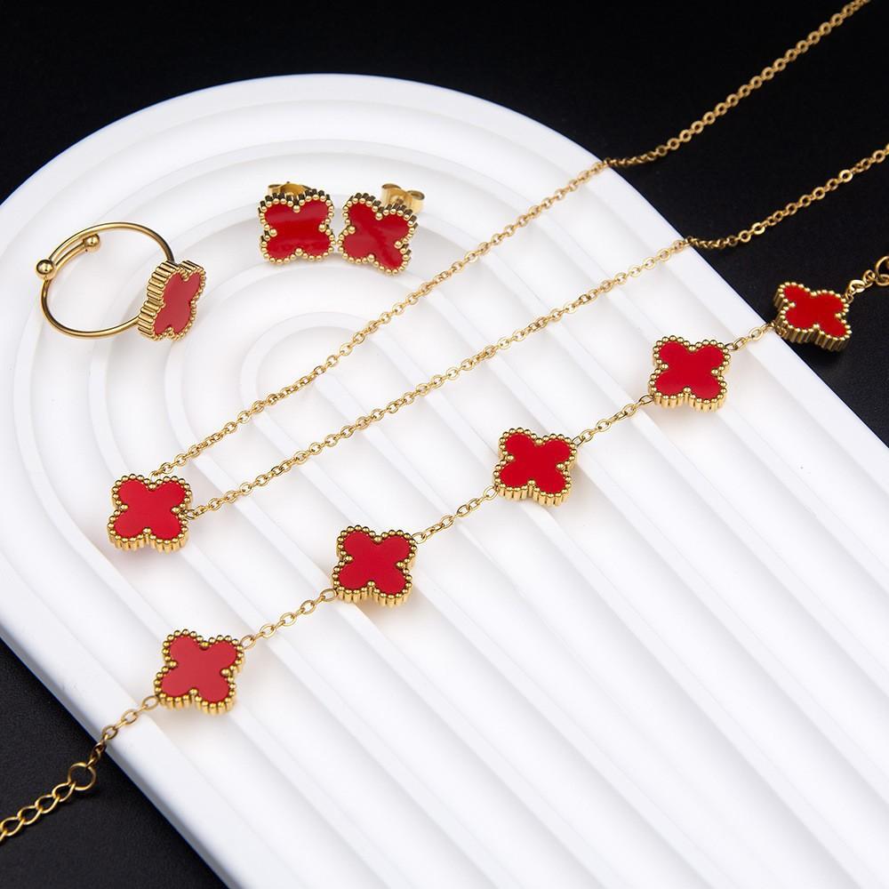 4PCS Clover 4-Piece Jewelry Set Including Necklace, Bracelet, Earrings and Ring, Versatile Lucky Five-Petal Flower Fashion Ornaments