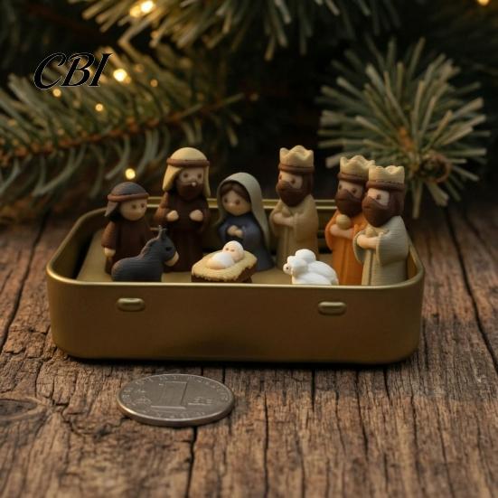 Christmas Manger Decor Mini Nativity Set in A Tin Box, 3D Printed Pocket Size Holy Family Christian Holiday Ornament Figurines, Miniature Religious