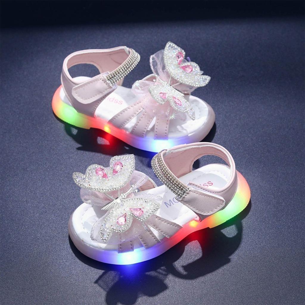 Детские Сандалии Девочки Со Светодиодной Подсветкой Принцесса Замороженное Искусственная Кожа Блестки Жемчуг Летняя Обувь Нескользящая Дышащая Розовый Синий Для 1-7 Лет
