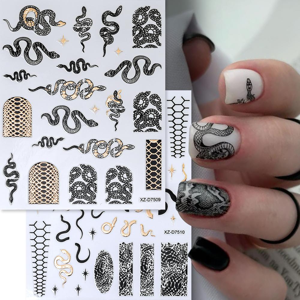 6/12pcs Brongzing Gold Black Snake Nail Stickers 5D Sexy Snake Print French Nail Decals 8*10cm Self-Adhesive Snake Manicure Diy