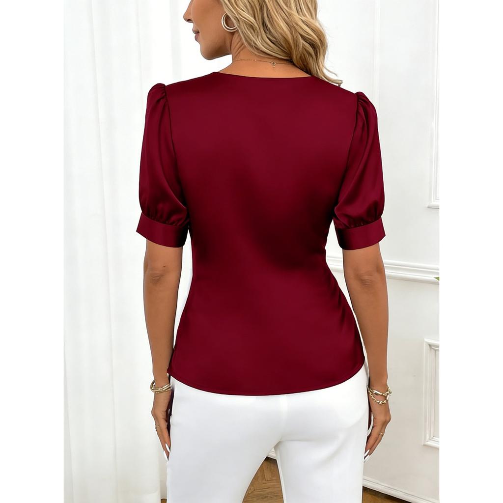 Летняя женская однотонная блузка с V-образным вырезом и коротким рукавом, повседневный топ для женщин