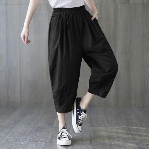 Женские летние свободные тонкие хлопчатобумажные шаровары с высокой талией, большие размеры, утягивающие брюки средней длины, повседневные брюки-галифе
