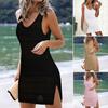 Women Knitting Beach Dress O-Neck Sleeveless Solid Color Cover Up Dress Side