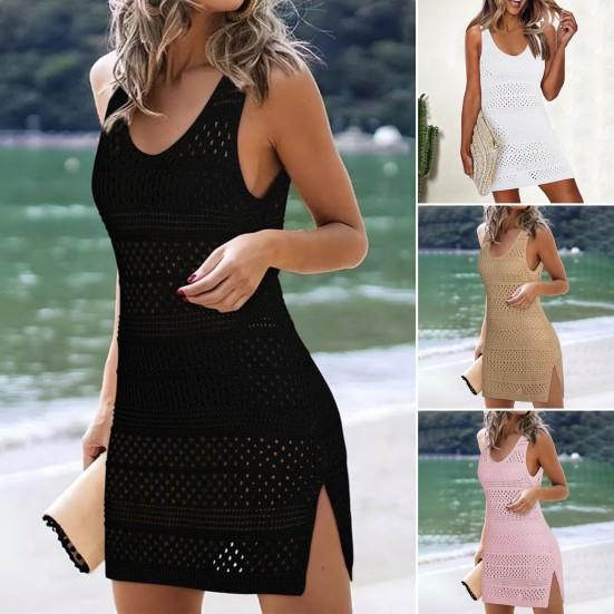 Women Knitting Beach Dress O-Neck Sleeveless Solid Color Cover Up Dress Side