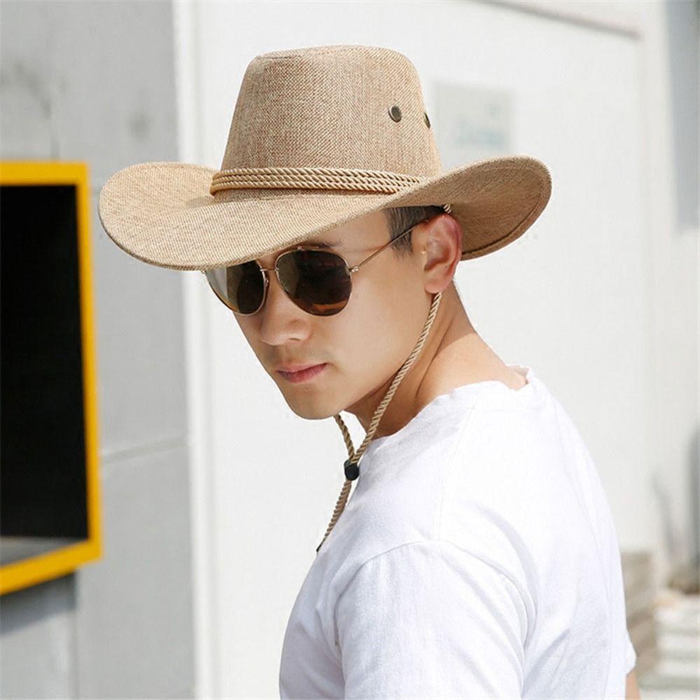 Linen Western Cowboy Hat Wide Brim Beach Sunscreen Cap Simple Summer Sun Hat Travel