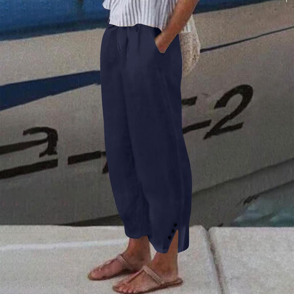 Женские льняные укороченные брюки - повседневные брюки с разрезом на пуговицах