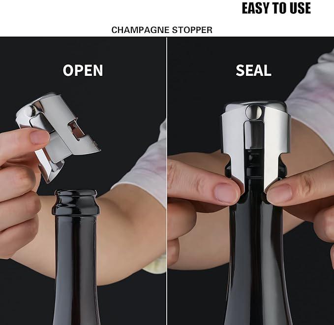 Leak-Proof Champagne Bottle Stoppers, Stainless Steel Reusable Wine Stoppers, Vacuum Sealer for Fresh Sparkling Wine