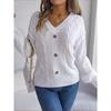 Women's Autumn and Winter Solid Color V-neck Button Twist Lantern Sleeve Pullover Sweater