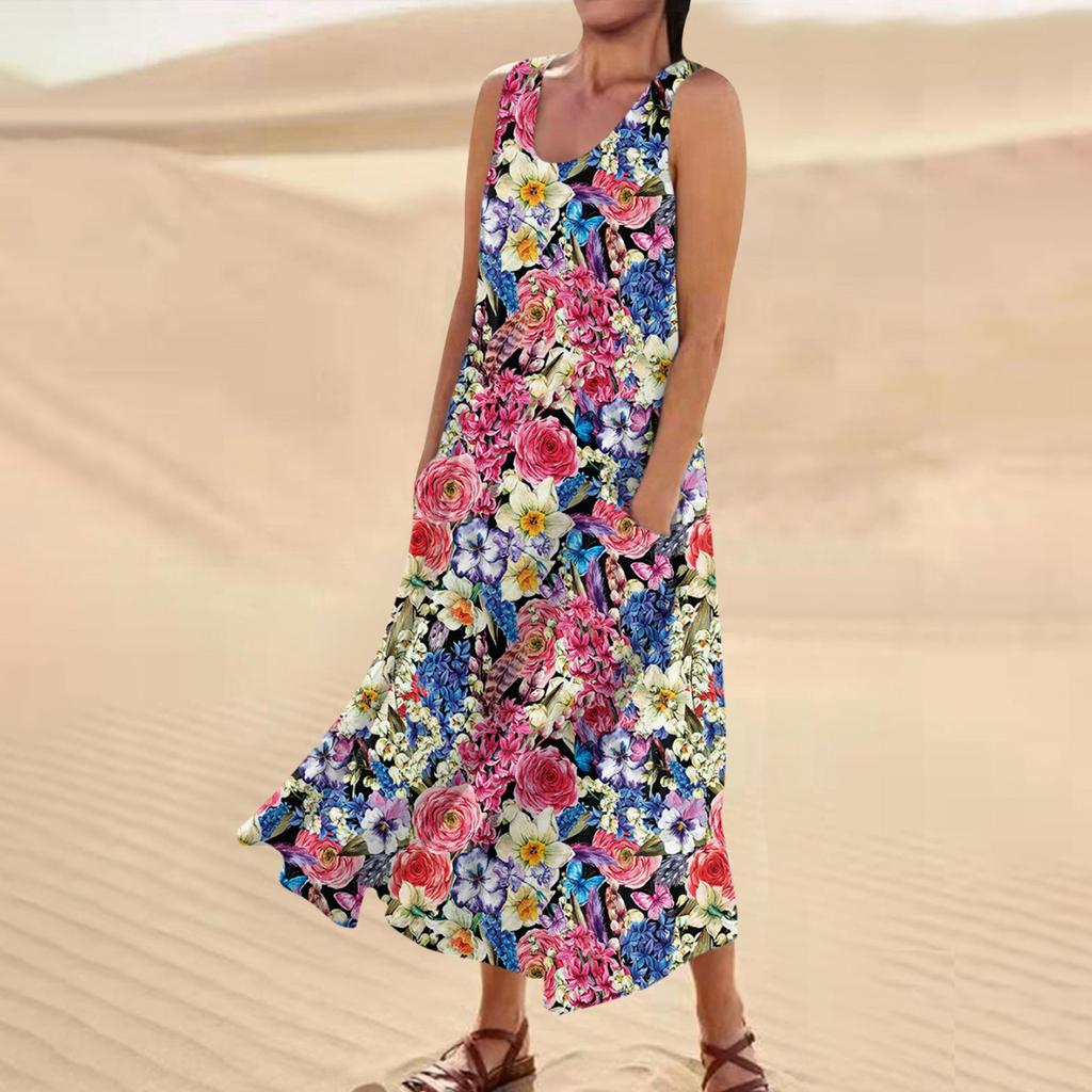Женское повседневное удобное хлопковое карманное платье без рукавов с цветочным принтом