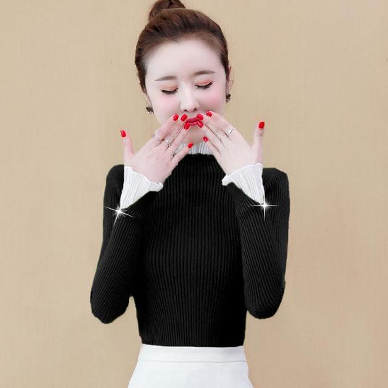 Водолазка с оборками, нижний свитер, женский весенне-осенний утягивающий пуловер из двух частей, свитер с кружевными оборками, вязаный свитер, топ