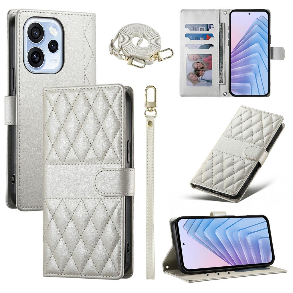 For Oppo Reno15 F 5G Wallet Case Rhombus Stitching Stand Leather Phone Cover with Long / Short Strap